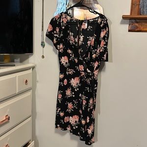 Black and pink floral dress plunge neckline with wrap